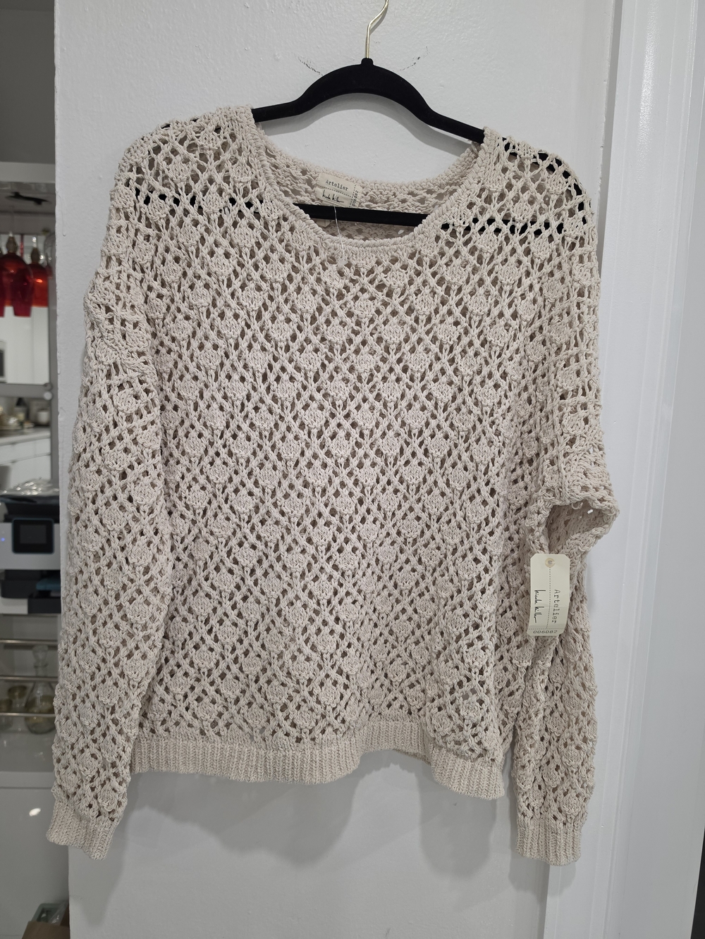Lilla P Open-Weave Scoop Neck Sweater in Oatmeal